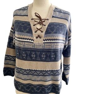 Ralph Lauren Chaps Southwestern Aztec V Neck Lace Up Sweater Size M Petite